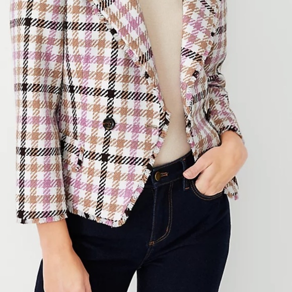 Cutaway Jacket in Houndstooth Fringe Tweed,size-4, pink/brown/cream/pink/,lined - Picture 10 of 12